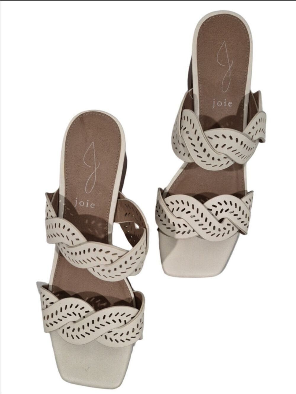 Joie Cream Braided Laser-Cut Slide Block Heel Sandals
